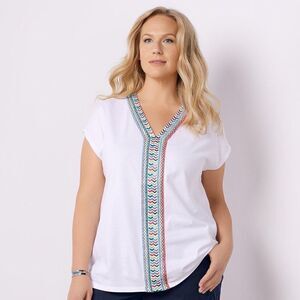 Soft Surroundings White V-neck Izabel Embroidered Jersey-Knit Blouse Size Medium